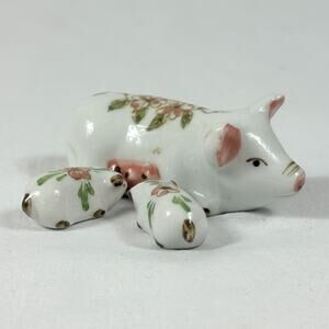 Mama Pig & Baby Piglets Vintage Set of 3 Porcelain Ceramic Figurines Floral